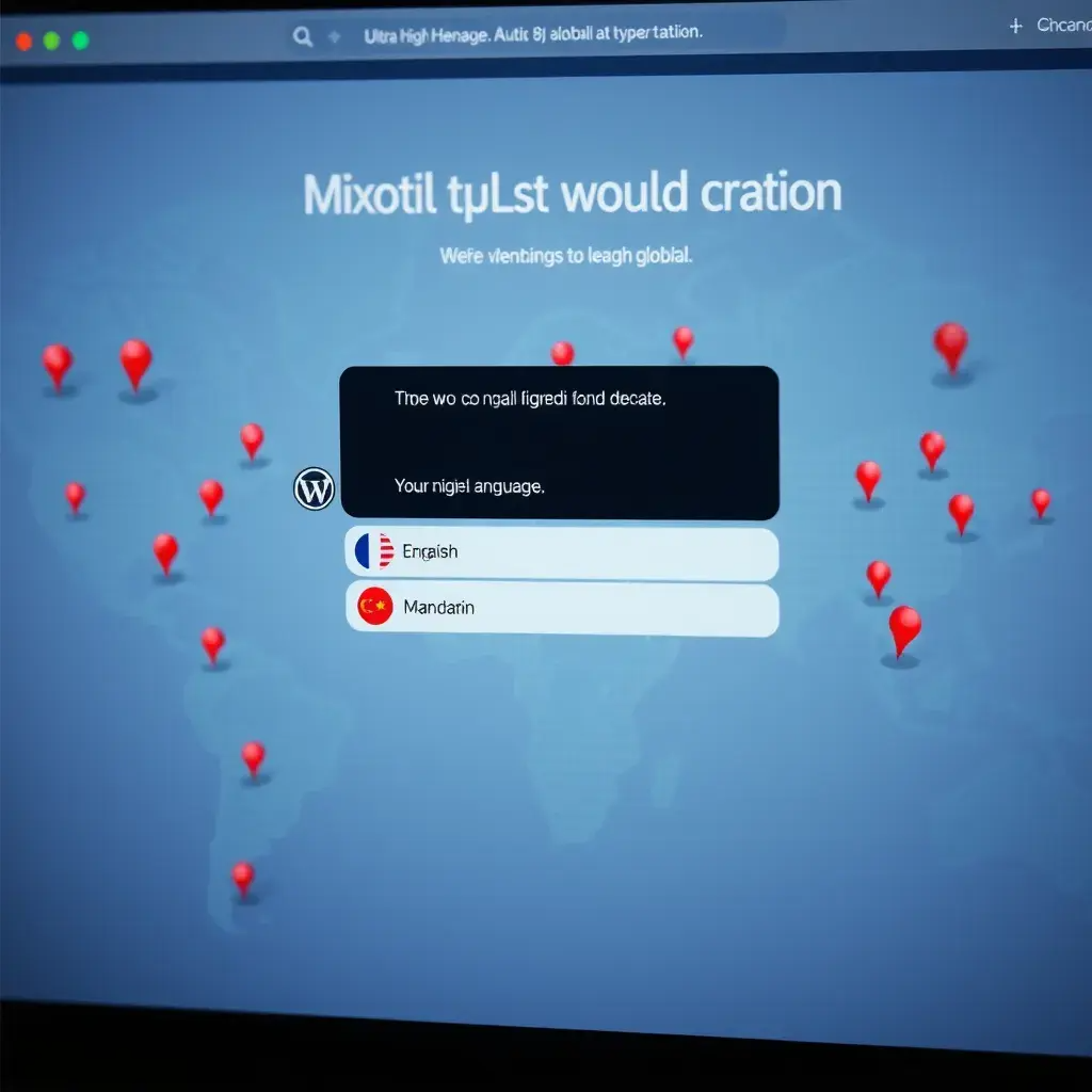 A modern website with a chat widget displaying different languages, including English, Spanish, French, and Mandarin. The website background features a world map with pins marking locations around the globe, symbolizing global reach.